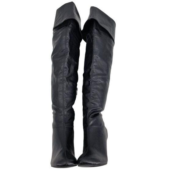 Vintage 90s Vegan Faux Leather Knee High‎ Boots 7 Black Cuffed Heeled Pirate - Picture 5 of 9